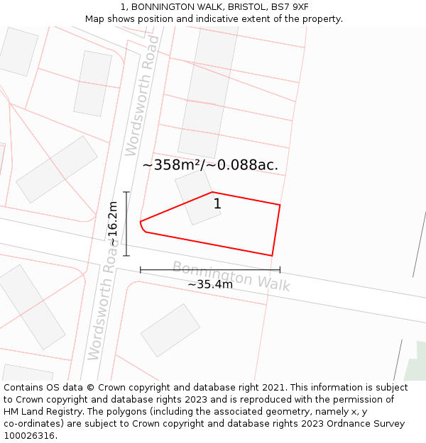 1, BONNINGTON WALK, BRISTOL, BS7 9XF: Plot and title map