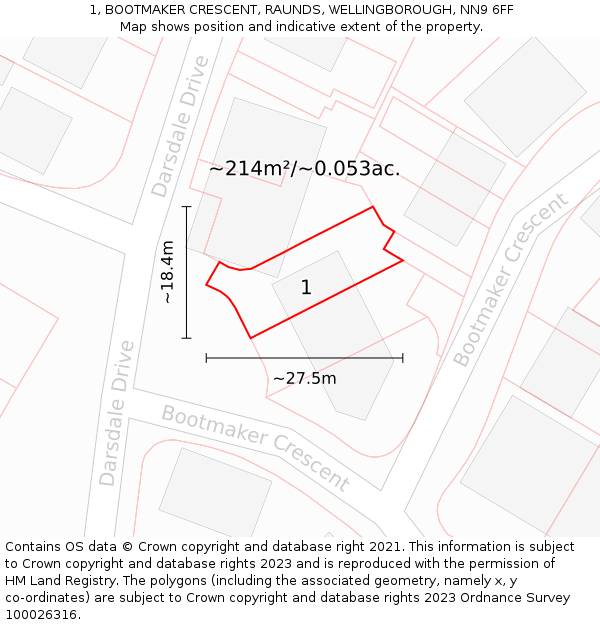 1, BOOTMAKER CRESCENT, RAUNDS, WELLINGBOROUGH, NN9 6FF: Plot and title map