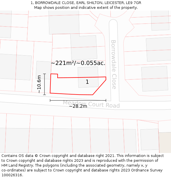 1, BORROWDALE CLOSE, EARL SHILTON, LEICESTER, LE9 7GR: Plot and title map