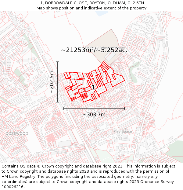 1, BORROWDALE CLOSE, ROYTON, OLDHAM, OL2 6TN: Plot and title map