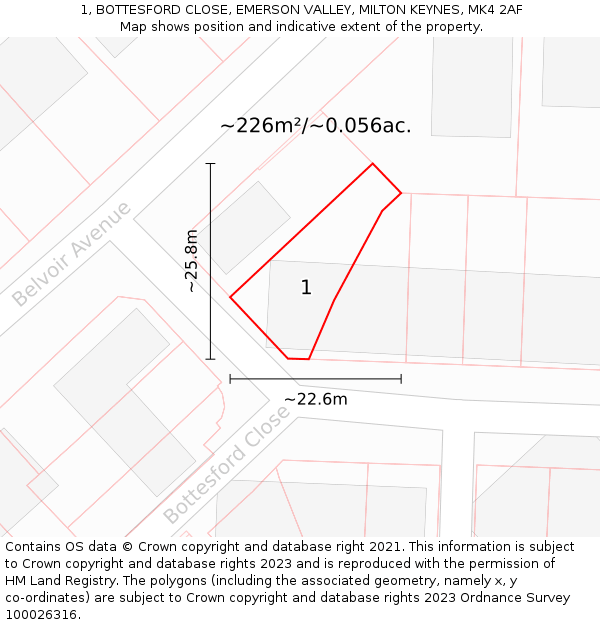 1, BOTTESFORD CLOSE, EMERSON VALLEY, MILTON KEYNES, MK4 2AF: Plot and title map