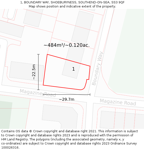 1, BOUNDARY WAY, SHOEBURYNESS, SOUTHEND-ON-SEA, SS3 9QF: Plot and title map