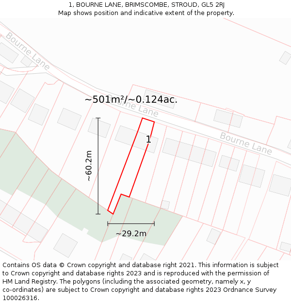 1, BOURNE LANE, BRIMSCOMBE, STROUD, GL5 2RJ: Plot and title map