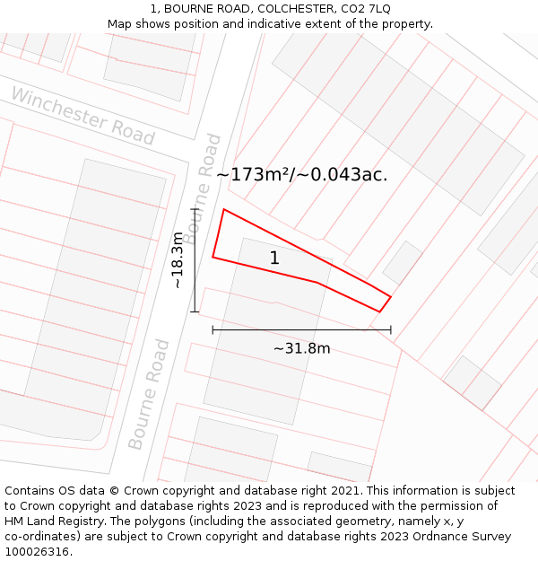 1, BOURNE ROAD, COLCHESTER, CO2 7LQ: Plot and title map