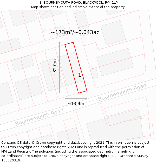 1, BOURNEMOUTH ROAD, BLACKPOOL, FY4 1LP: Plot and title map