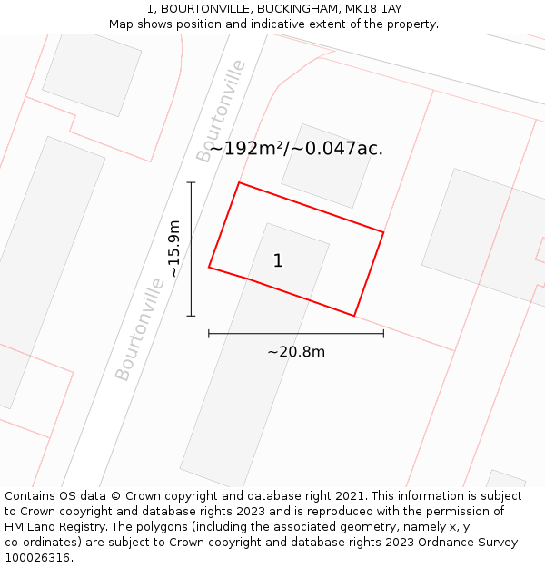 1, BOURTONVILLE, BUCKINGHAM, MK18 1AY: Plot and title map