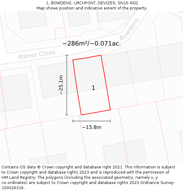 1, BOWDENS, URCHFONT, DEVIZES, SN10 4SQ: Plot and title map
