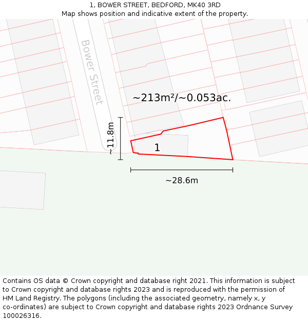 1, BOWER STREET, BEDFORD, MK40 3RD: Plot and title map