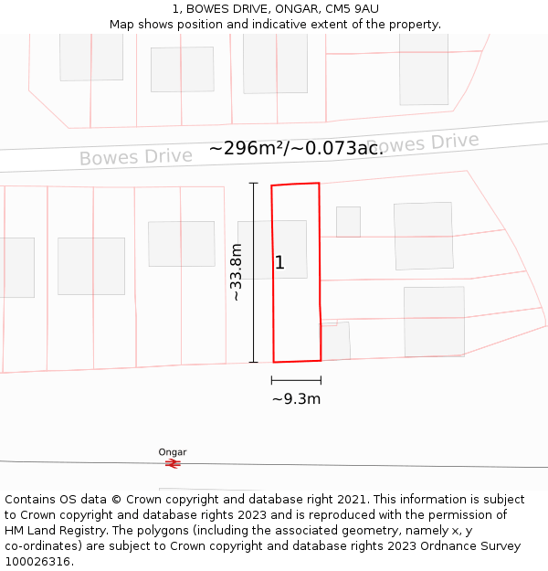 1, BOWES DRIVE, ONGAR, CM5 9AU: Plot and title map