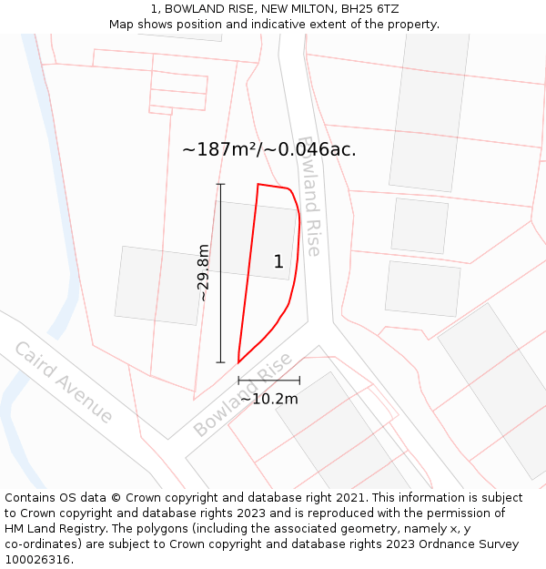 1, BOWLAND RISE, NEW MILTON, BH25 6TZ: Plot and title map