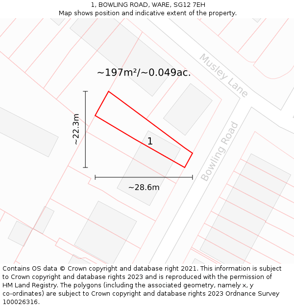 1, BOWLING ROAD, WARE, SG12 7EH: Plot and title map