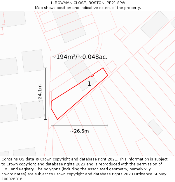 1, BOWMAN CLOSE, BOSTON, PE21 8PW: Plot and title map