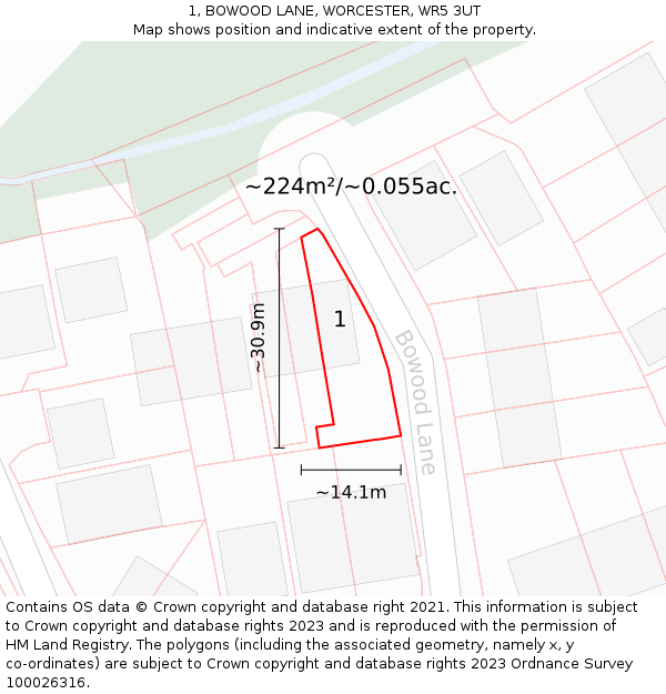 1, BOWOOD LANE, WORCESTER, WR5 3UT: Plot and title map