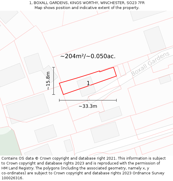 1, BOXALL GARDENS, KINGS WORTHY, WINCHESTER, SO23 7FR: Plot and title map