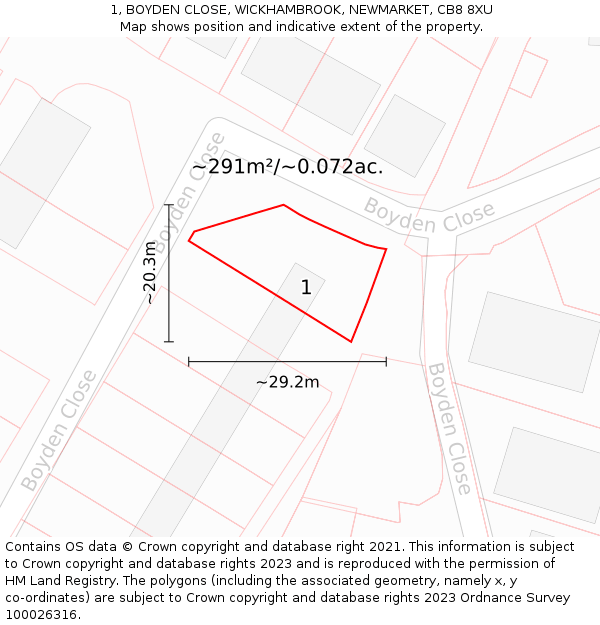 1, BOYDEN CLOSE, WICKHAMBROOK, NEWMARKET, CB8 8XU: Plot and title map