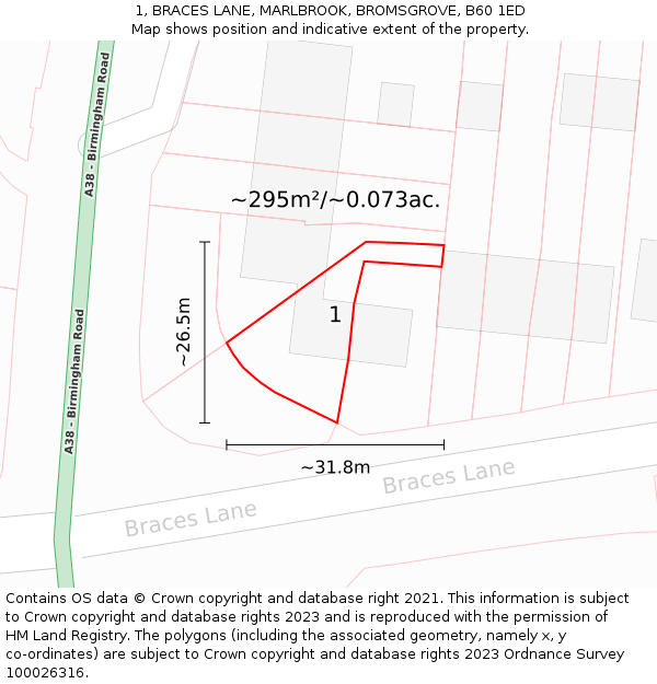 1, BRACES LANE, MARLBROOK, BROMSGROVE, B60 1ED: Plot and title map