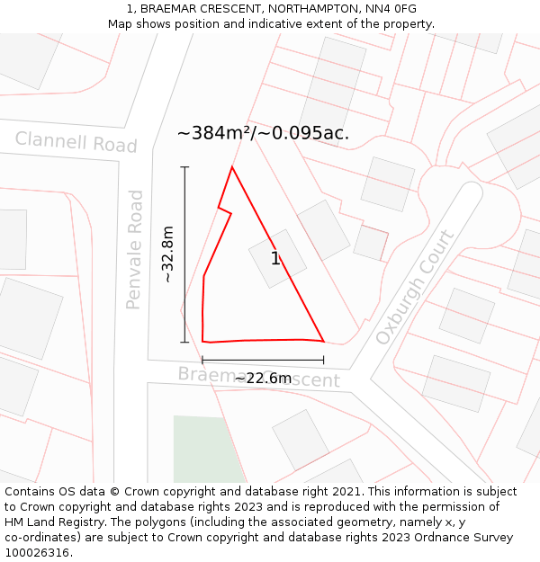 1, BRAEMAR CRESCENT, NORTHAMPTON, NN4 0FG: Plot and title map