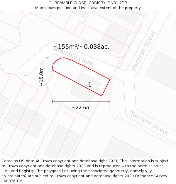 1, BRAMBLE CLOSE, GRIMSBY, DN31 2DB: Plot and title map