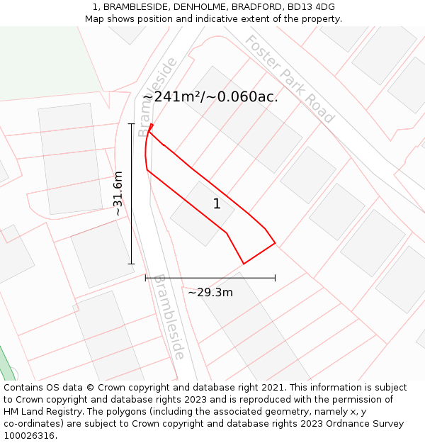 1, BRAMBLESIDE, DENHOLME, BRADFORD, BD13 4DG: Plot and title map