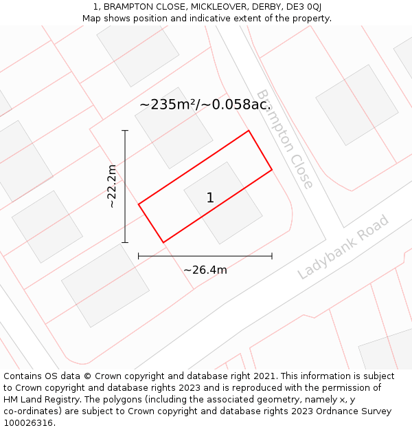 1, BRAMPTON CLOSE, MICKLEOVER, DERBY, DE3 0QJ: Plot and title map