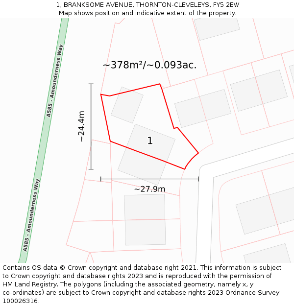 1, BRANKSOME AVENUE, THORNTON-CLEVELEYS, FY5 2EW: Plot and title map