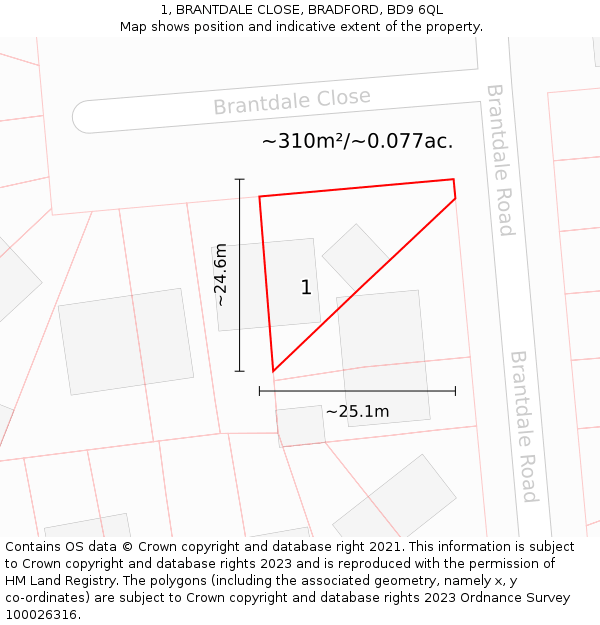 1, BRANTDALE CLOSE, BRADFORD, BD9 6QL: Plot and title map