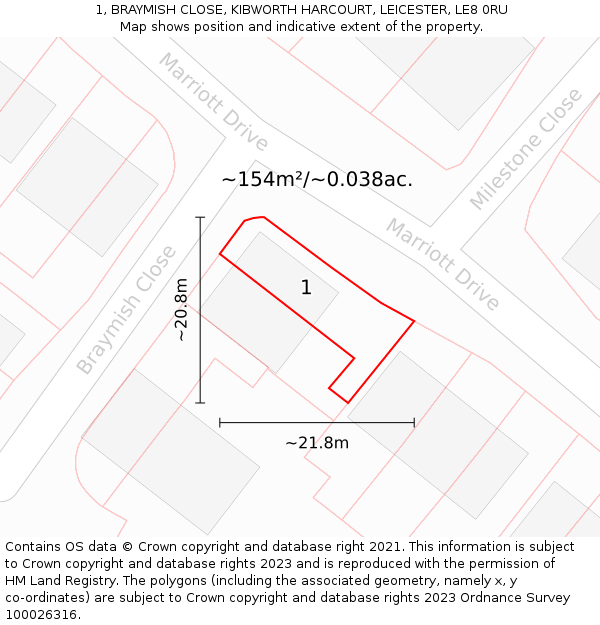 1, BRAYMISH CLOSE, KIBWORTH HARCOURT, LEICESTER, LE8 0RU: Plot and title map