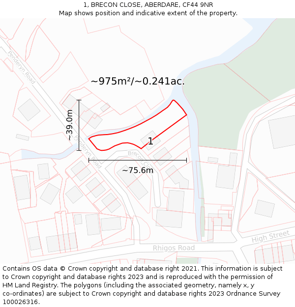 1, BRECON CLOSE, ABERDARE, CF44 9NR: Plot and title map