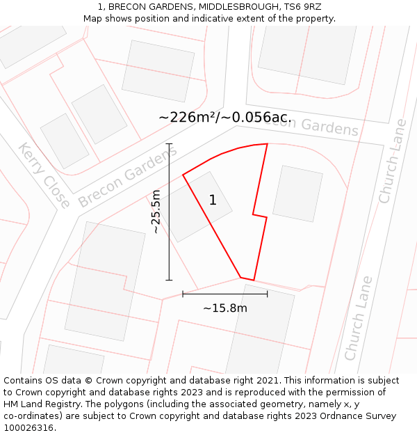 1, BRECON GARDENS, MIDDLESBROUGH, TS6 9RZ: Plot and title map