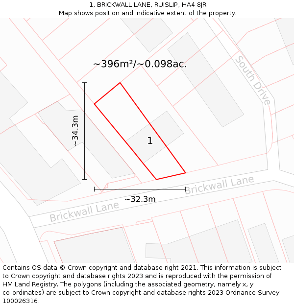 1, BRICKWALL LANE, RUISLIP, HA4 8JR: Plot and title map