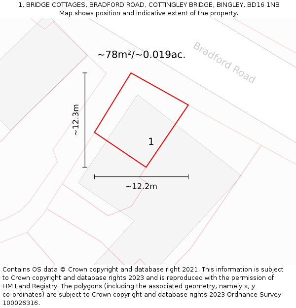 1, BRIDGE COTTAGES, BRADFORD ROAD, COTTINGLEY BRIDGE, BINGLEY, BD16 1NB: Plot and title map