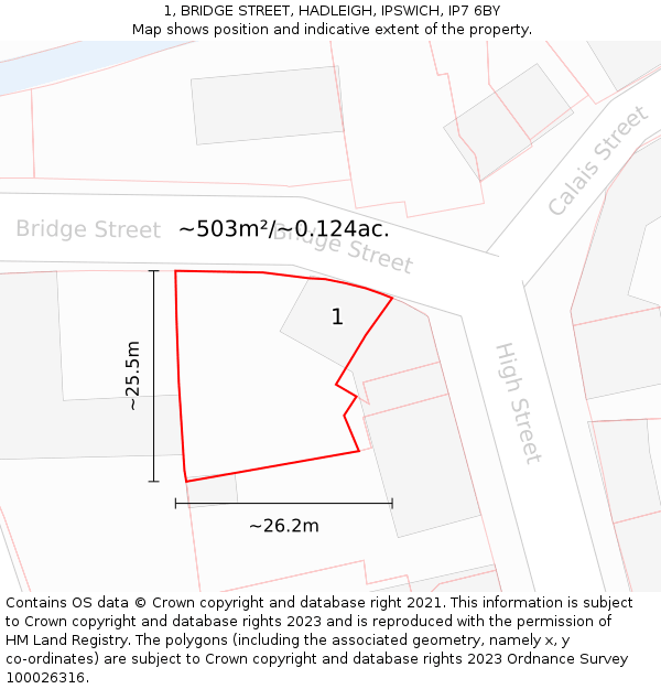 1, BRIDGE STREET, HADLEIGH, IPSWICH, IP7 6BY: Plot and title map