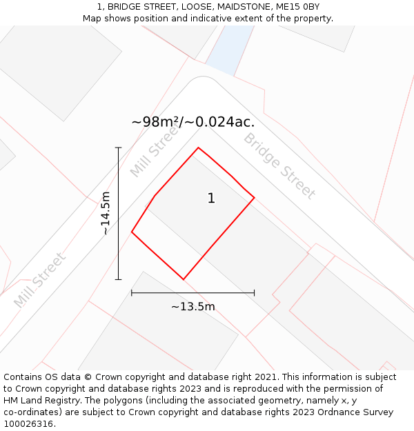 1, BRIDGE STREET, LOOSE, MAIDSTONE, ME15 0BY: Plot and title map