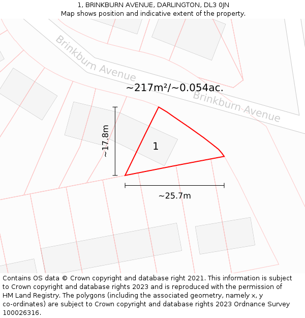 1, BRINKBURN AVENUE, DARLINGTON, DL3 0JN: Plot and title map
