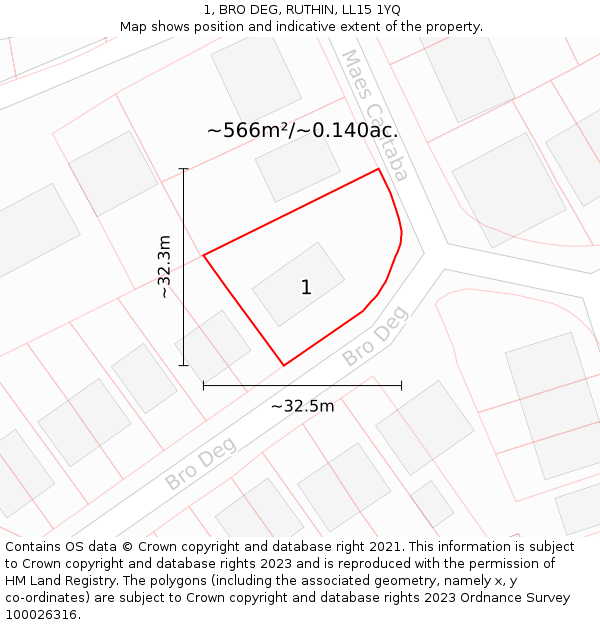1, BRO DEG, RUTHIN, LL15 1YQ: Plot and title map