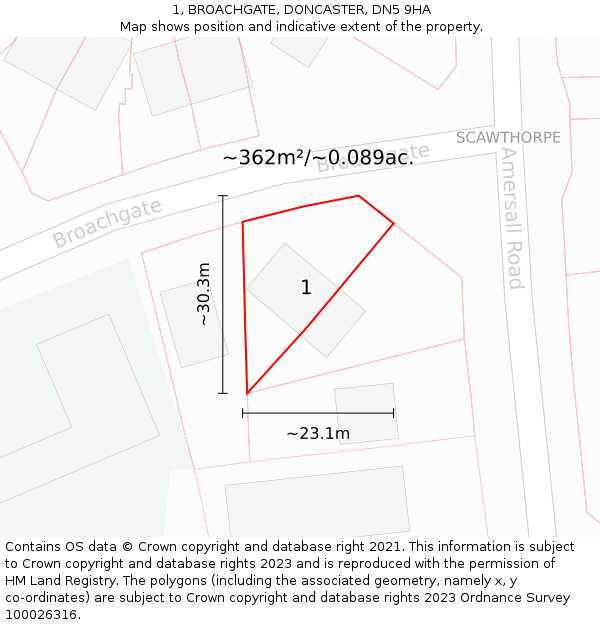 1, BROACHGATE, DONCASTER, DN5 9HA: Plot and title map