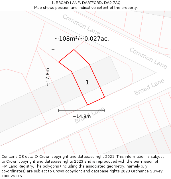 1, BROAD LANE, DARTFORD, DA2 7AQ: Plot and title map