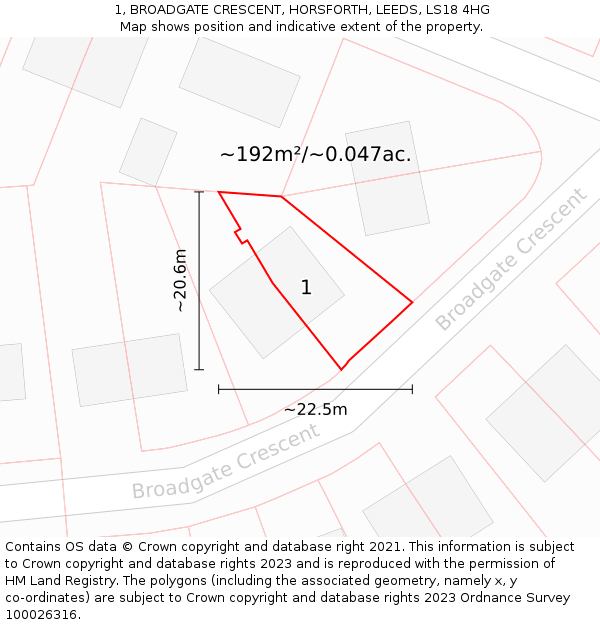1, BROADGATE CRESCENT, HORSFORTH, LEEDS, LS18 4HG: Plot and title map