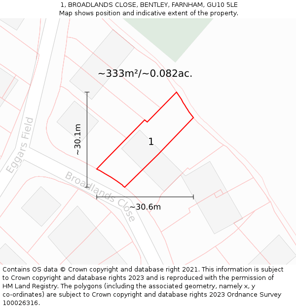 1, BROADLANDS CLOSE, BENTLEY, FARNHAM, GU10 5LE: Plot and title map