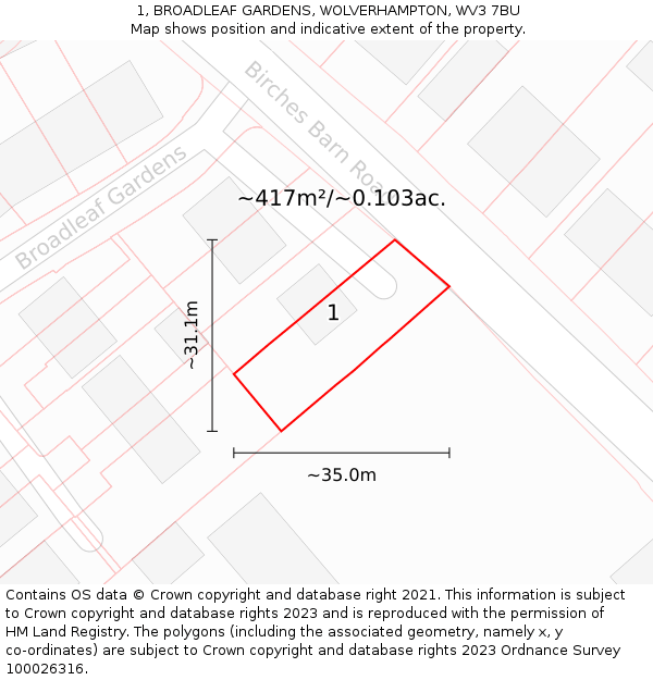 1, BROADLEAF GARDENS, WOLVERHAMPTON, WV3 7BU: Plot and title map