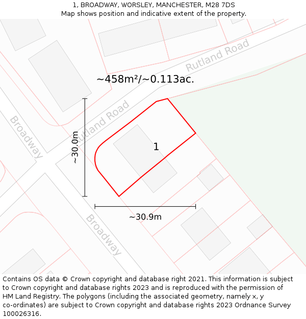 1, BROADWAY, WORSLEY, MANCHESTER, M28 7DS: Plot and title map