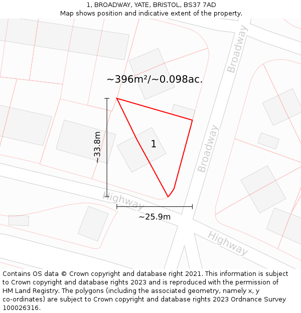 1, BROADWAY, YATE, BRISTOL, BS37 7AD: Plot and title map