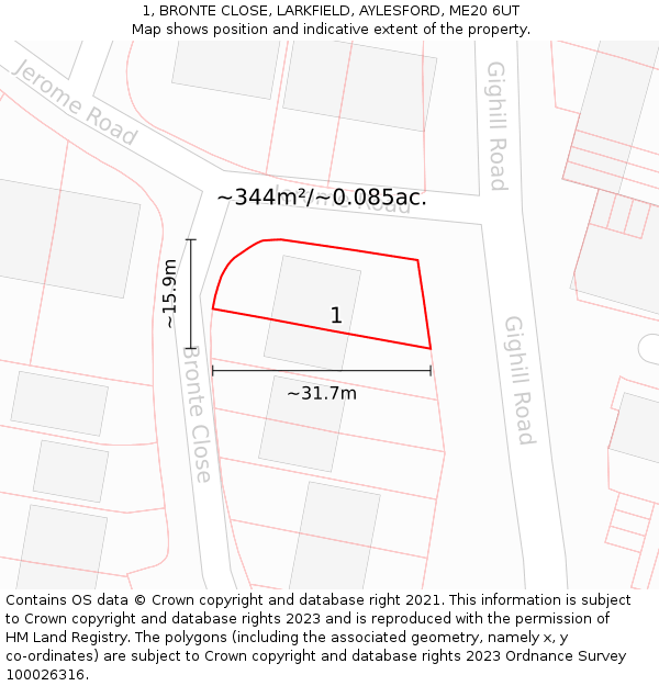 1, BRONTE CLOSE, LARKFIELD, AYLESFORD, ME20 6UT: Plot and title map
