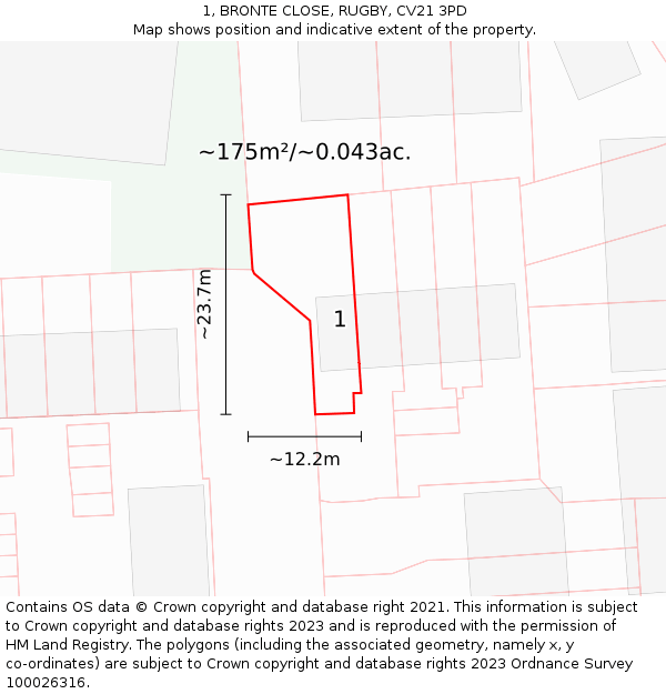 1, BRONTE CLOSE, RUGBY, CV21 3PD: Plot and title map