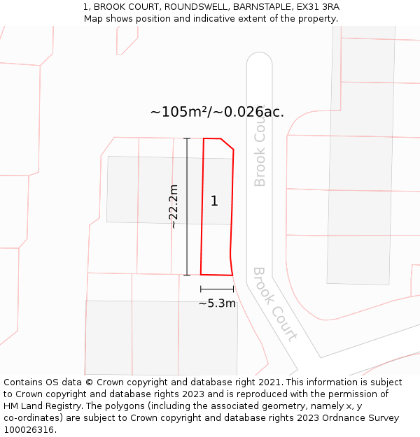 1, BROOK COURT, ROUNDSWELL, BARNSTAPLE, EX31 3RA: Plot and title map