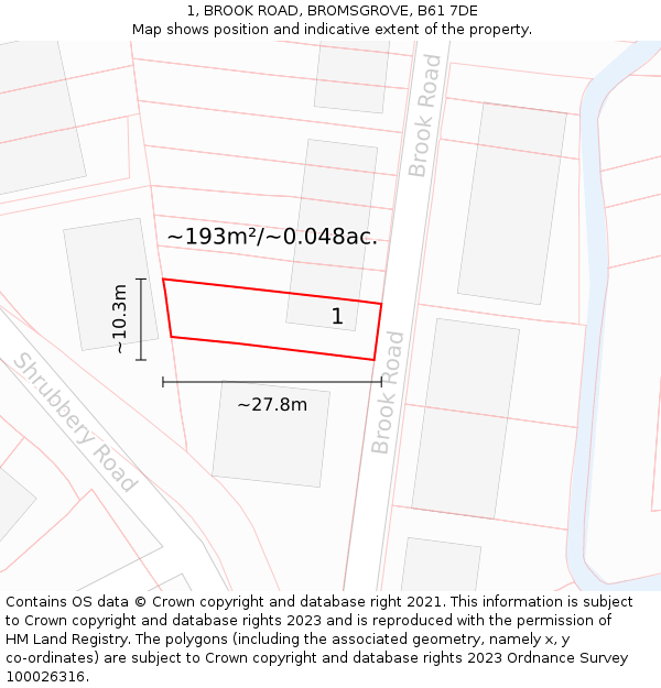 1, BROOK ROAD, BROMSGROVE, B61 7DE: Plot and title map