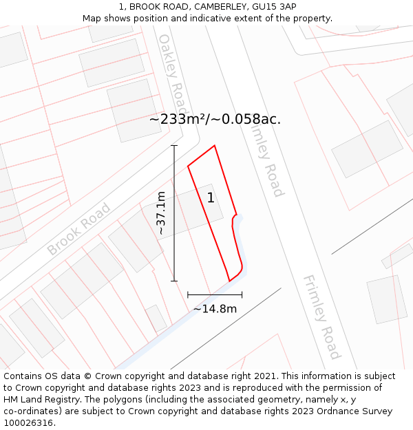 1, BROOK ROAD, CAMBERLEY, GU15 3AP: Plot and title map