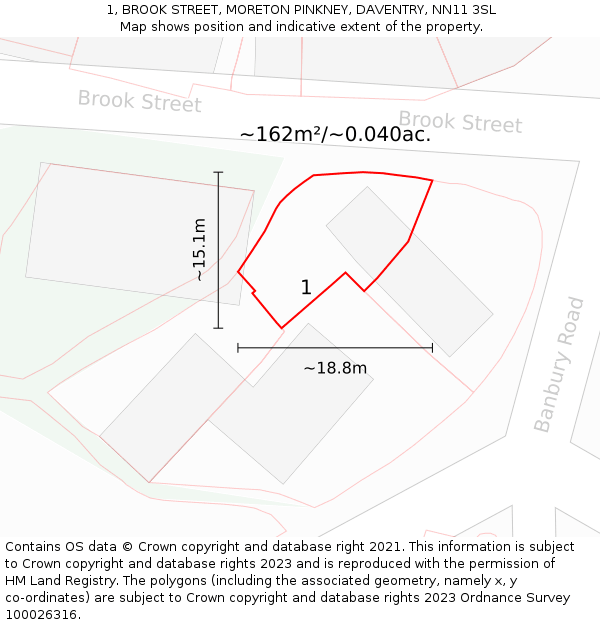 1, BROOK STREET, MORETON PINKNEY, DAVENTRY, NN11 3SL: Plot and title map