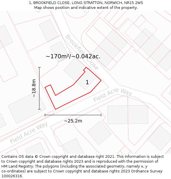 1, BROOKFIELD CLOSE, LONG STRATTON, NORWICH, NR15 2WS: Plot and title map