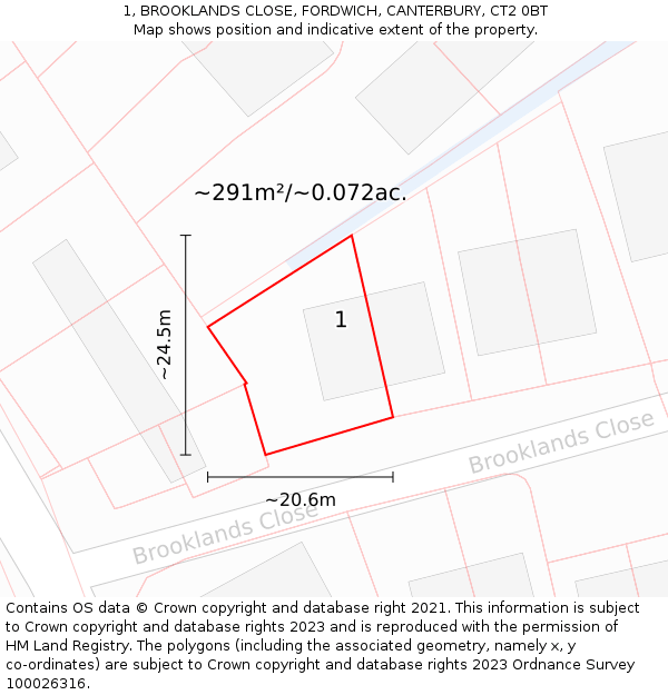 1, BROOKLANDS CLOSE, FORDWICH, CANTERBURY, CT2 0BT: Plot and title map